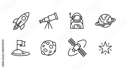 Space exploration icons: linear spacecraft, astronaut, planet, and telescope designs