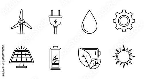 Eco-friendly energy icons in linear design for sustainable technology