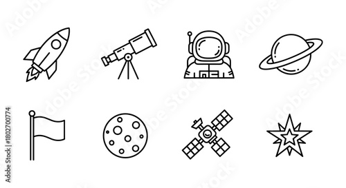 Space exploration line icons collection: rocket, telescope, astronaut, planet, satellite, flag, moon