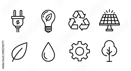 Eco-friendly icons: renewable energy and sustainability symbols in linear design