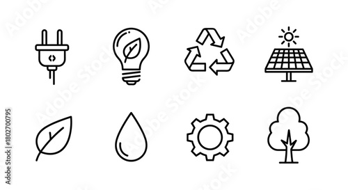 Eco-friendly icons: renewable energy, sustainability, and green technology in linear style