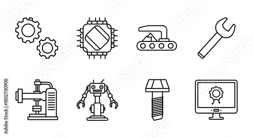 Industrial icon set: robotics, automation, and engineering tools in linear design