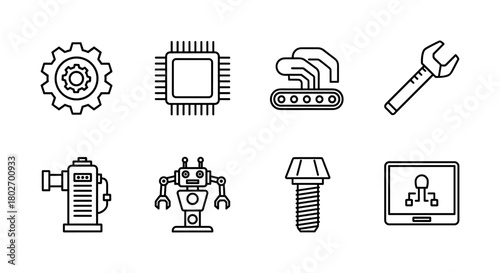 Industrial technology icons set in line art style featuring gear, chip, and robot arm