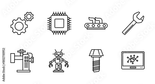 Industrial technology icons with machines, tools, and robots in linear style for modern infographics