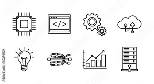 Technology icons set: linear style representations of tech concepts