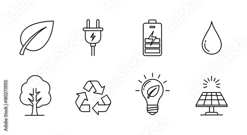 Clean energy icons set featuring eco-friendly elements in minimalist linear style