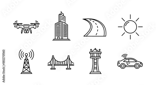 Cityscape essentials: line icons of urban elements and technology