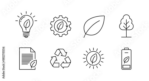 Eco-friendly line icons: sustainable energy, recycling, and nature elements