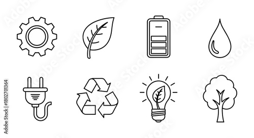 Linear eco icons set: sustainability, energy, and nature symbols