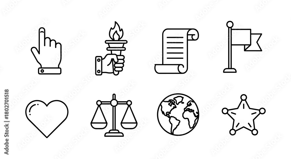 Fototapeta premium Minimalist line icons: justice, exploration, communication, and symbols of freedom