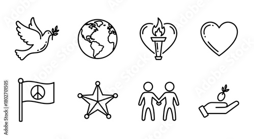 Peace and unity icons: dove, globe, heart, torch, and symbols in linear style