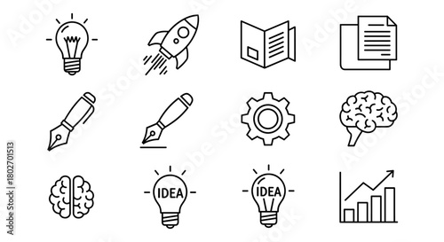 Linear icons of innovation and creativity: lightbulb, rocket, and brain