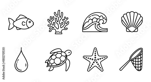 Simple coastal icons set featuring marine life and ocean elements in linear style