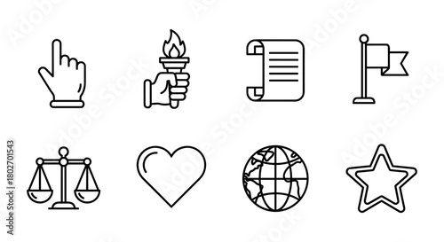 Law and justice icons: linear symbols of freedom, equality, and patriotism