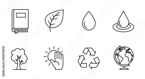 Eco icons: sustainable living, recycling, and nature symbols in modern linear design