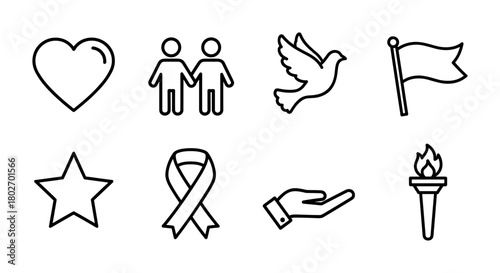 Minimalist icons: love, friendship, peace, and hope symbols in black outline style