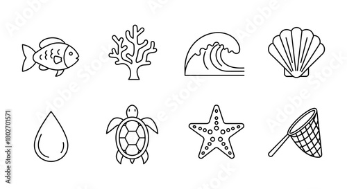 Minimalist ocean icons: fish, coral, wave, shell, water drop, turtle, starfish, net