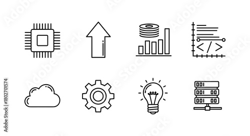 Minimalist tech icons: cloud, gear, lightbulb, arrow, chart, chip, database design