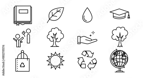 Sustainable education icons set: linear eco-friendly symbols for learning and recycling