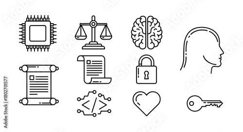Set of digital technology and security icons in linear style