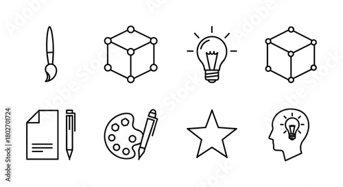 Creative icon set: art, design, and innovation in linear style
