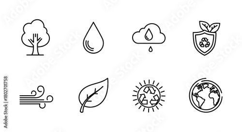 Set of linear eco icons: trees, water, clouds, recycling, wind, leaves, earth