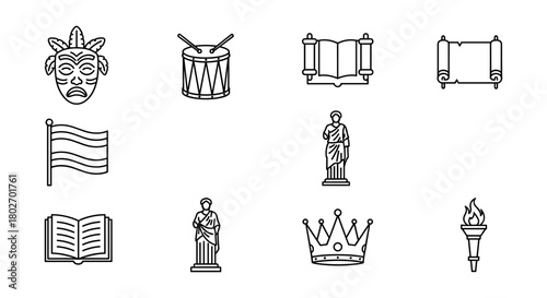 Cultural symbols outline: masks, instruments, scrolls, and statues in minimalist design
