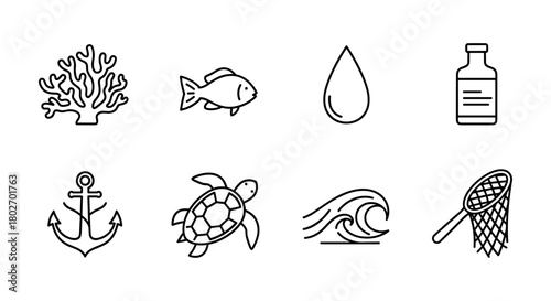 Simple marine icons set: coral, fish, water, marine life in linear design