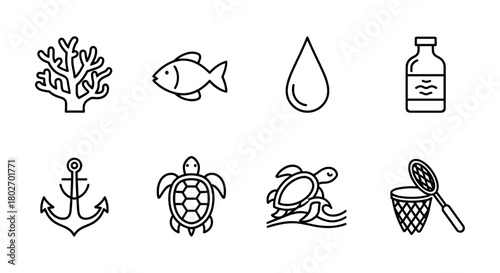 Icon set of marine life and fishing essentials in simple line style