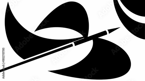 Abstract black and white graphic design with curved shapes and a spear