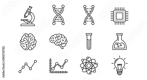 Science and technology icons in linear style featuring dna, microscope, and brain