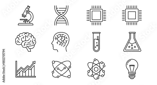 Scientific line icons set: microscope, dna, brain, and laboratory equipment