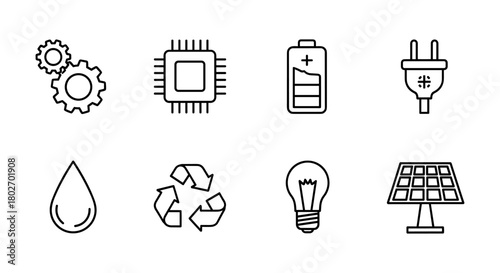 Minimal energy and technology icons: gear, microchip, battery, plug, drop, recycle, bulb, solar panel