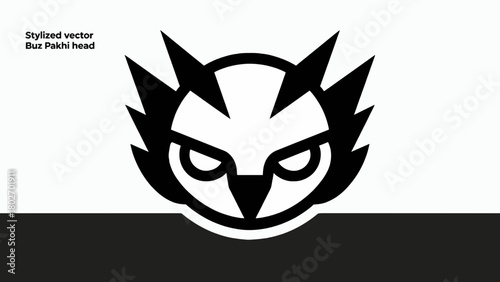 Stylized black and white vector illustration of a fierce owl head logo