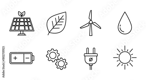 Renewable energy icons: solar, wind, leaf, water drop, battery, gears, plug, sun