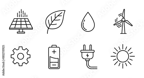 Line art icons of sustainable energy: solar, wind, water, and eco-friendly technology