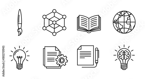 Linear icons: art, science, literature, innovation, and knowledge symbols