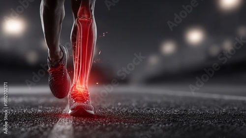 Faceless runner clutching calf pain on track sports injury concept physiotherapy recovery background detailed anatomy highlight realistic lighting
