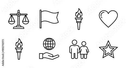 Minimalist line icons: justice, unity, love, and global harmony