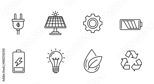 Sustainable energy icons: eco-friendly power and renewable resources line art collection