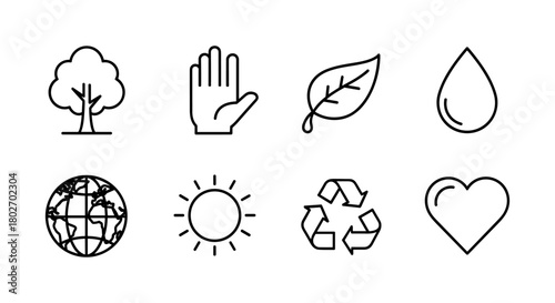 Minimalist eco icons set: nature conservation and sustainability symbols