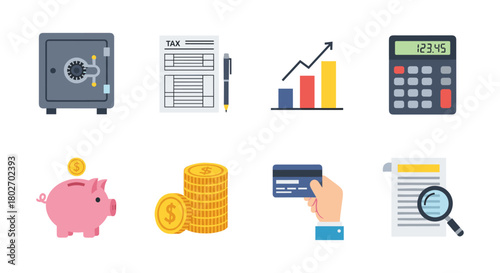 Financial management icons in flat style for business and accounting concepts