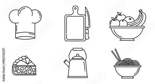 Set of kitchen and food icons featuring linear style cooking tools and ingredients