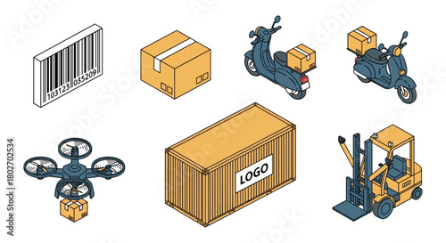 Isometric delivery icons featuring drone, scooter, forklift, and shipping elements