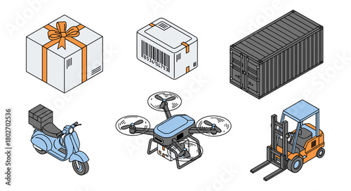 Colorful isometric delivery icons: drone, package, scooter, forklift, container