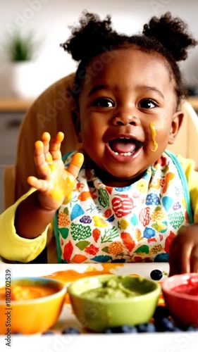 Young child in bib enjoying meal with colorful food bowls and smeared fingers indoors with happy expression