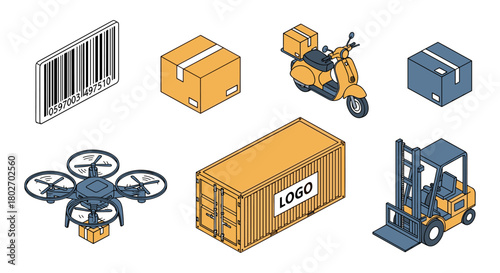 Isometric logistics icons: delivery, shipping, and transportation elements