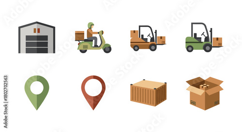 Logistics and delivery icons set featuring warehouse, scooter, forklift, and package symbols