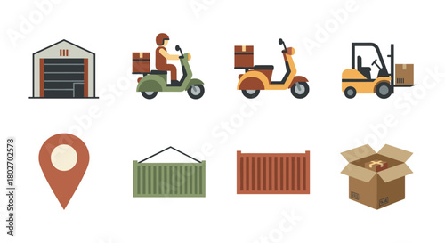 Flat design delivery and warehouse elements with scooters and forklift