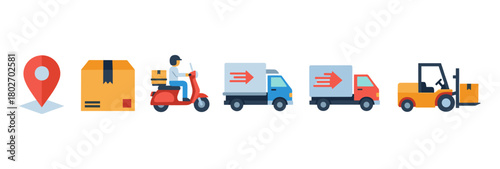 Delivery process icons featuring scooters, trucks, and forklifts in flat design